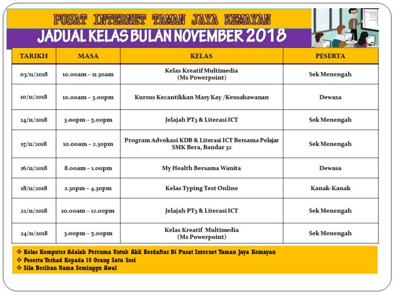 JADUAL KELAS BULAN NOVEMBER 2018