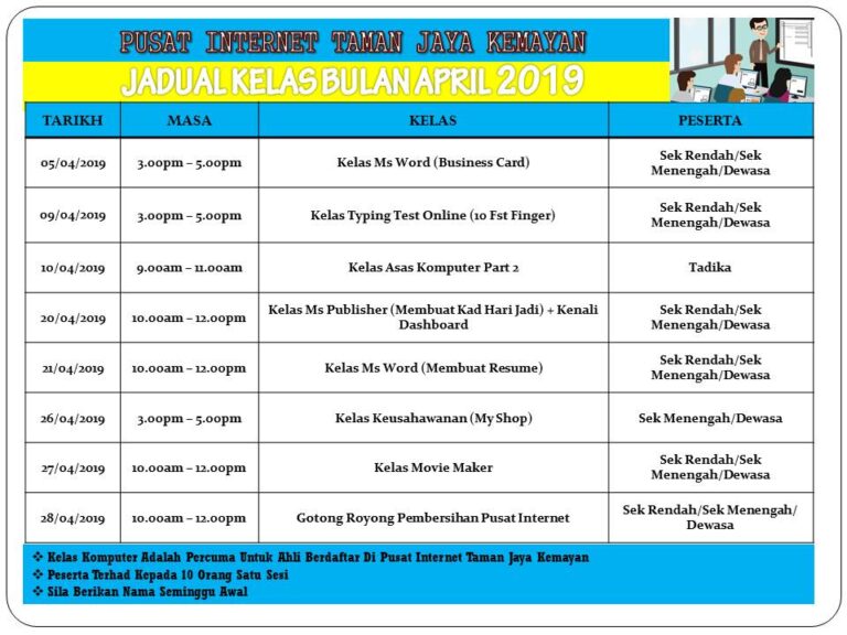 JADUAL KELAS BULAN APRIL 2019