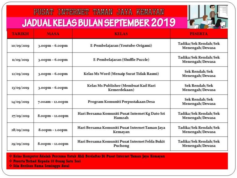 JADUAL KELAS BULAN SEPTEMBER 2019