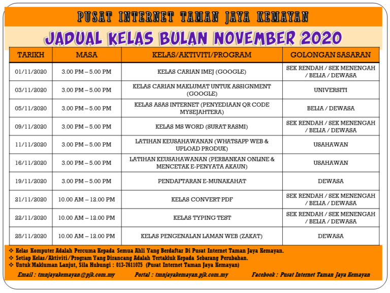 JADUAL KELAS BULAN NOVEMBER 2020