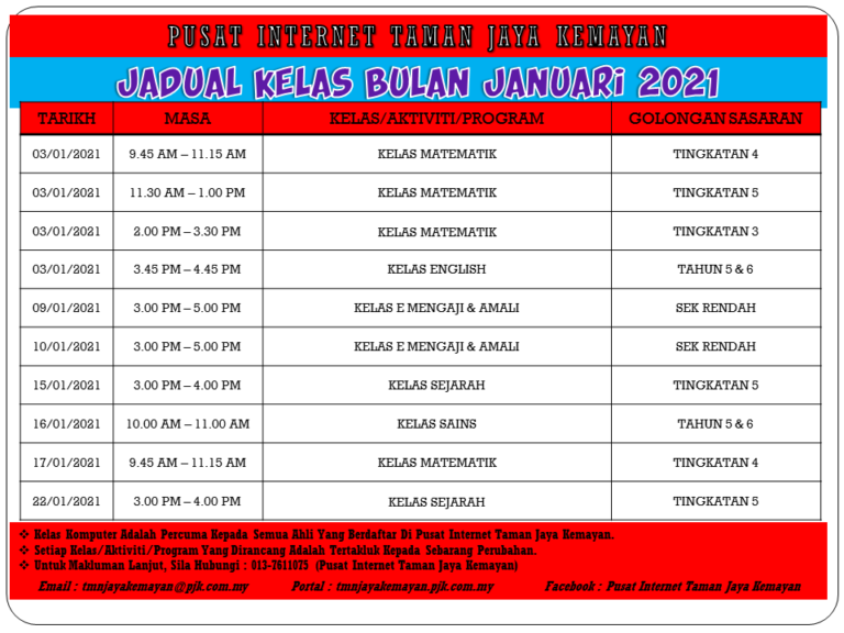 JADUAL KELAS BULAN JANUARI 2021