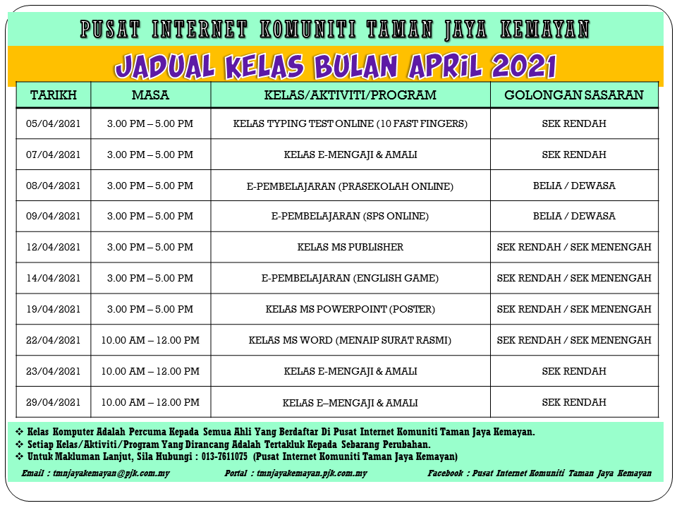 JADUAL KELAS BULAN APRIL 2021
