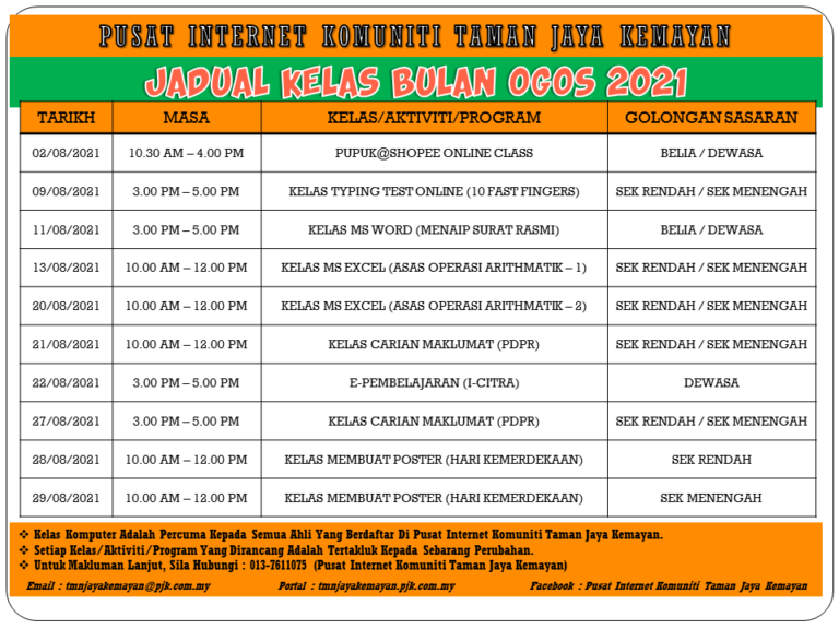 JADUAL KELAS BULAN OGOS 2021