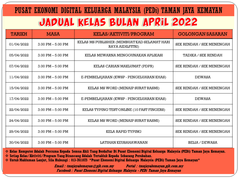 JADUAL KELAS BULAN APRIL 2022
