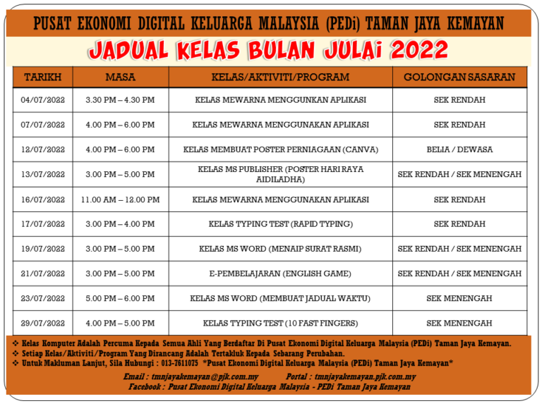 JADUAL KELAS BULAN JULAI 2022