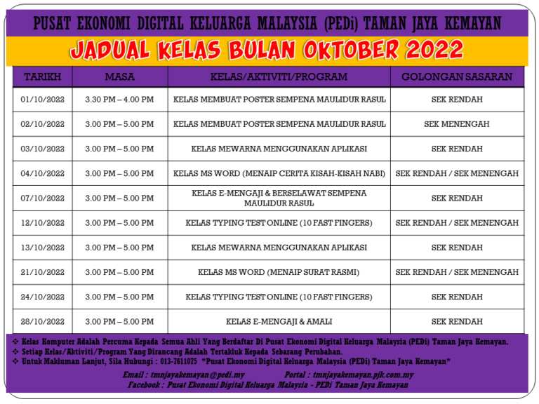 JADUAL KELAS BULAN OKTOBER 2022