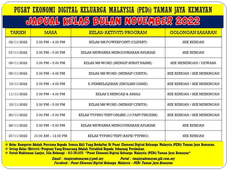 JADUAL KELAS BULAN NOVEMBER 2022