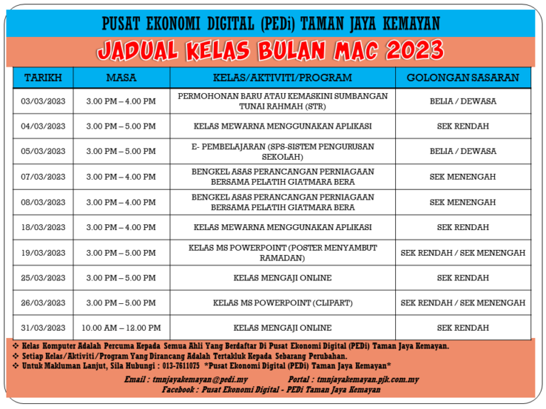 JADUAL KELAS BULAN MAC 2023