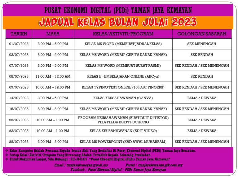 JADUAL KELAS BULAN JULAI 2023