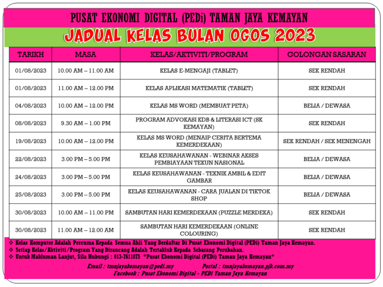 JADUAL KELAS BULAN OGOS 2023