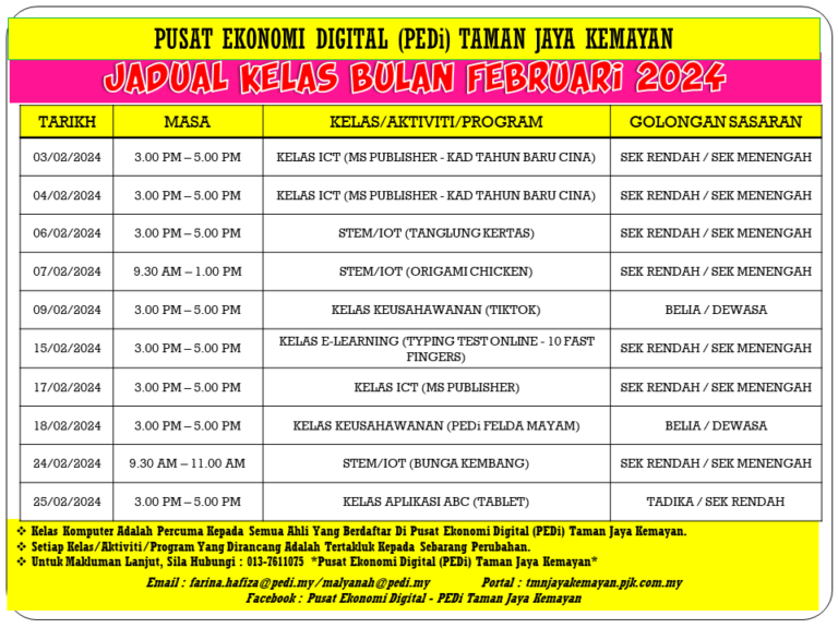 JADUAL KELAS BULAN FEBRUARI 2024