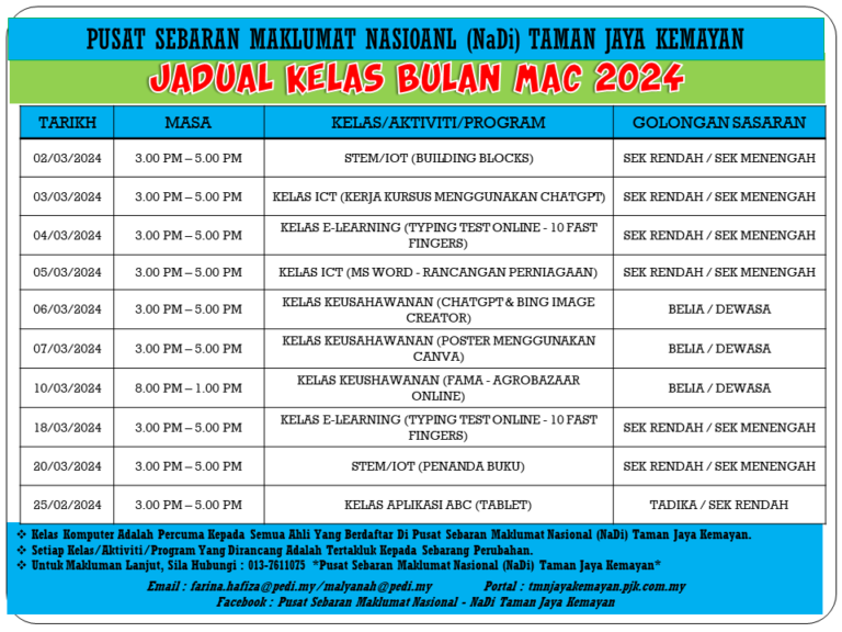 JADUAL KELAS BULAN MAC 2024