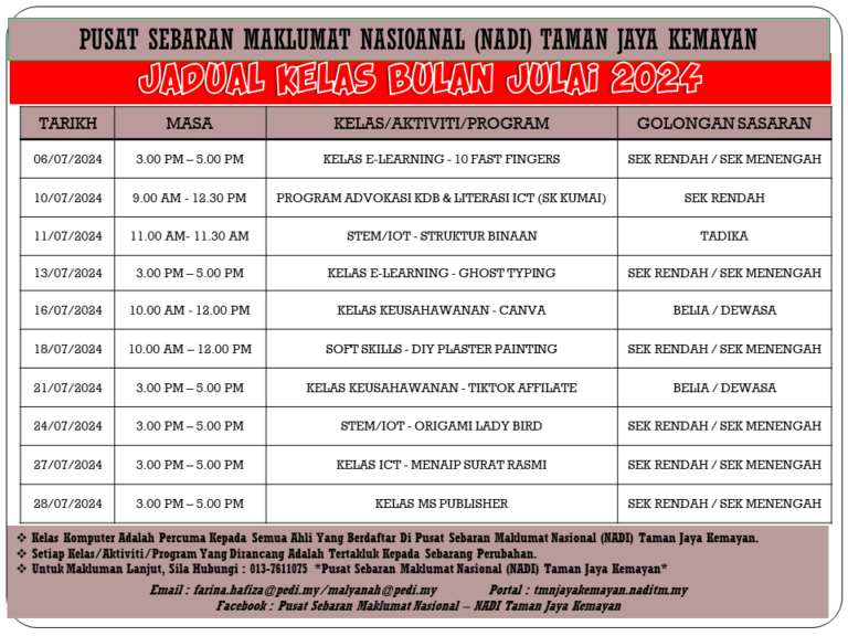 JADUAL KELAS BULAN JULAI 2024