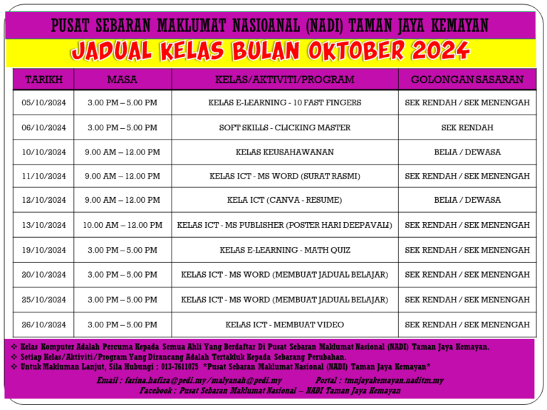 JADUAL KELAS BULAN OKTOBER 2024